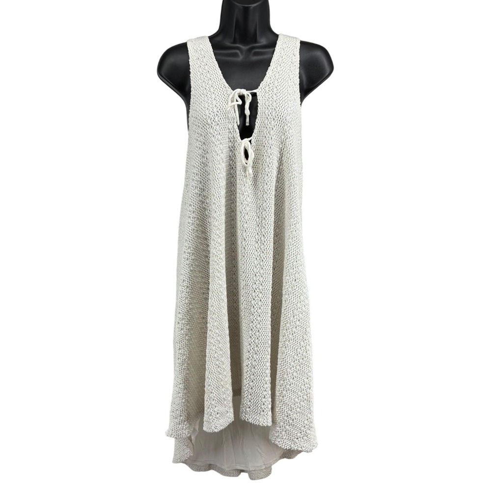 FP Beach White Crochet Knit Hi Low Cover Up Dress Tie Front‎ Lined Size M